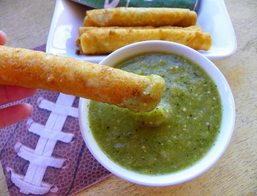 Roasted Tomatillo Salsa and El Monterey Taquitos