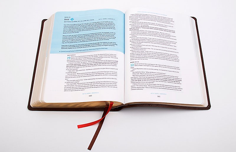 the CSB (Christian Standard Bible) Day-by-Day Chronological Bible which features a narrative approach to the Bible. This Bible is arranged into a fresh chronological reading plan with daily readings guided by Dr. George Guthrie.